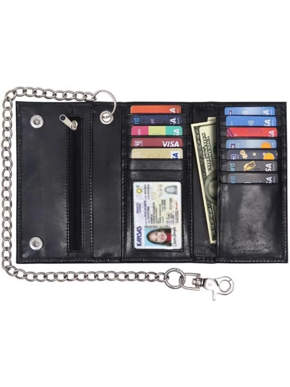 Full Grain Leather Biker Wallet with Chain for Men - Zipper Coin Pocket, ID